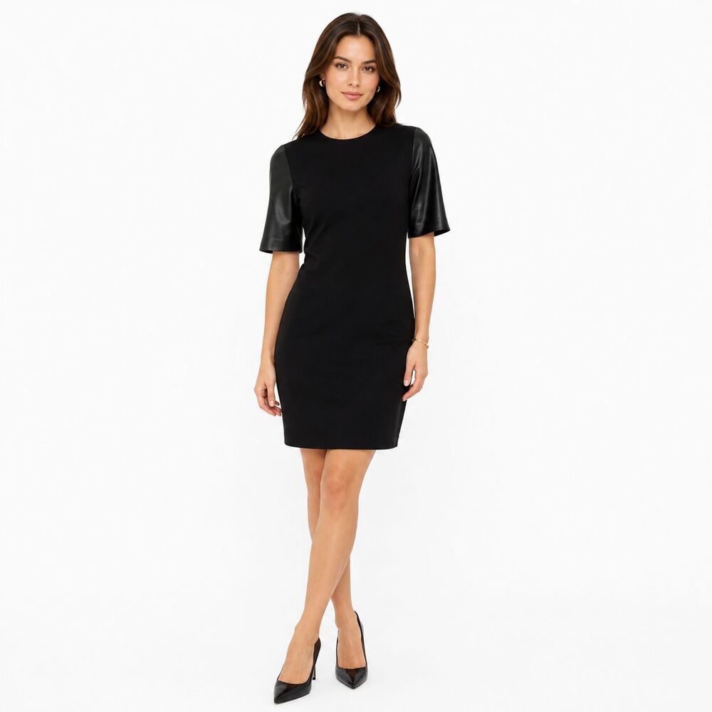 Vince Pencil Dress Size 4 Leather Sleeve Black Sheath Minimalist Modern Classic